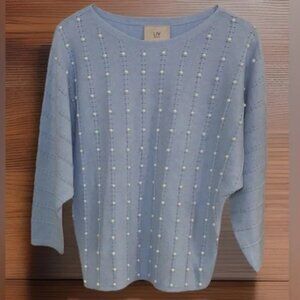 Liv Milano Sweater Womens Size Medium Baby Blue Pearl Embellished Dolman EUC